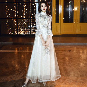 Chinese Style Long Evening Dress Women A-Line Stand Neck Organza Champagne Color Hostess Bridesmaid Dress 2026 New Fashion - Product Image 2