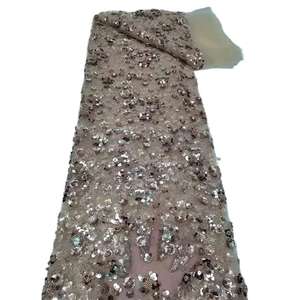 Tissu en dentelle de tulle épais et fin nigérian, brodé de fleurs brillantes dorées, de paillettes et de perles, écologique, pour robes de mariée, chaussures et sacs - Product Image 5