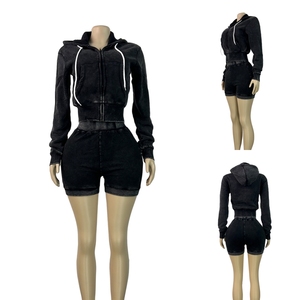6081 <span class=keywords><strong>Abbigliamento</strong></span> Boutique da Donna, Tuta a 2 Pezzi con Felpa con Cappuccio in Pile, Pantaloncini Vintage Effetto Usurato, Set Coordinato Casual Sportivo Streetwear - Product Image 4