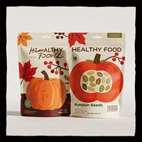 Sachet de grignotages aux graines de citrouille récoltées en automne avec fermeture éclair refermable, trou de suspension et illustration personnalisée pour l'emballage de graines grillées en vente au détail