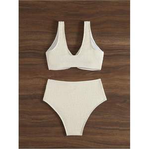 ชุดบิกินี่ผู้หญิงแบบ 2 ชิ้น แบบผูกคอ เอวสูง เนื้อผ้ามีเท็กซ์เจอร์ ยืดหยุ่นได้ ผลิตจากผ้าสแปนเด็กซ์และโพลีเอสเตอร์ - Product Image 4