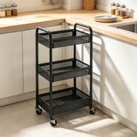 Chariot de rangement roulant moderne à 3 niveaux en métal grillagé avec crochets et porte-gobelets, chariot utilitaire à roulettes pour cuisine, salle de bain, bureau