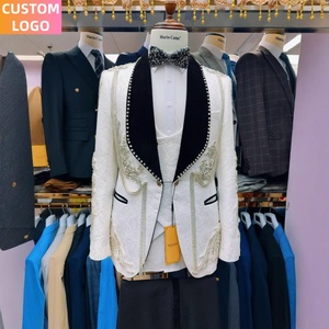 남성 세트 사용자 정의 로고 <span class=keywords><strong>3</strong></span> 조각 옴므 블레이저 손으로 수 놓은 무도회 자수 화이트 정장 럭셔리 남성 결혼식 - Product Image 5