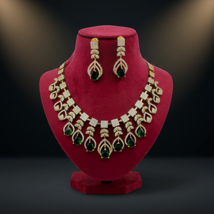 Parure Collier Ras-du-Cou Plaqué Or avec Diamants Américains et Zircon Cubique, Pierre Précieuse Goutte d'Eau Vert Émeraude, et Boucles d'Oreilles pour Femme - Product Image 3