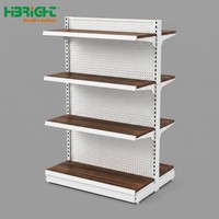 Gondole de supermarché Hibright HBE-SR double face en métal et bois, à 2 étagères, de capacité moyenne, personnalisable