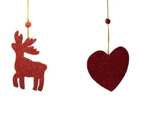 Christmas Wooden red Deer /elk with glitter Hanging ornament Wooden xmas Hanging Heart home Decoration gifts