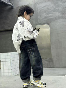 Pantalon en denim à poches brodées pour garçons, coupe droite et ample, avec ceinture élastique, style décontracté pour adolescents, confort en toutes saisons, - Product Image 5