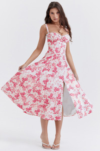 Abito Midi Vintage da Donna con Stampa Floreale in Poliestere, Vita Alta, Spacco, Linea ad A, Chiusura con Cerniera, Taglia 2XL, ODM Day - Product Image 4