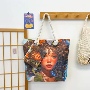Bolsas de Hombro de Lona de Algodón para Mujer, con Estampado Africano de <span class=keywords><strong>Chica</strong></span>, Personalizadas al por Mayor, Lindas y Artísticas, de Gran Capacidad, Lisas, con Asas de Cuerda - Product Image 6
