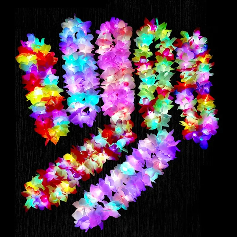 Leis hawaïen Led Décoration de fête Light Up Rainbow Flower Leis For Luau Party Christmas Hawaiian Lei Necklace