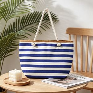 Bolsa de Lona a Rayas Azules y Blancas de Gran Capacidad, con Asas de Cuerda Gruesa, para Mujer, Ideal para la Playa, Vacaciones y Compras - Product Image 3