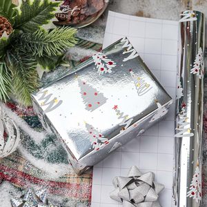 Silver Christmas Tree Metallic Wrapping Paper 17 In X 32.8 Ft Single Side PE Coated Holiday Gift <b>Wrap</b> - Product Image 2