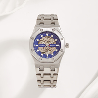 Reloj de Pulsera Automático de Lujo Estilo de Negocios con Caja Redonda de 22 mm Ventana de Esfera de Acero Inoxidable Correa de Cuero y Caja de Aleación