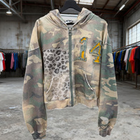 Sweat à capuche zippé vintage en molleton français pour homme, coupe oversize, imprimé personnalisé motif léopard camouflage, effet délavé et vieilli