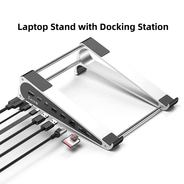 2-in-1 Laptop Stand Docking Station 8-in-1 USB-C Hub for 2.0 Gigabit Ethernet 100W PD/USB Charging USB 3.0 Ports SD/Micro SD
