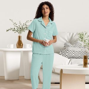 Sioro Capri Pajamas Set For Women Button <b>Down</b> Short Sleeve Waffle Knit Sleepwear Loungewear With <b>Pants</b> - Product Image 6