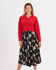 Pull court à col en V pour femme, 100% acrylique, manches longues, rouge uni, pull tricoté décontracté pour l'automne - Product Image 3