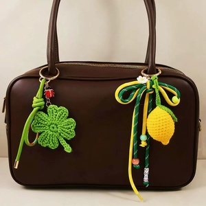 Summer New Handmade Macrame Lemon Charms Round Metal Keychain <b>Braided</b> Strap Crochet Green Leaf Keychain Girl Phone Decorations - Product Image 1