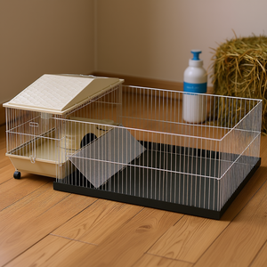 Enclos de jeu rectangulaire en plastique pour petits animaux, usage intérieur, pour cochons d'Inde, avec caractéristiques amovibles, tapis imperméable et mangeoire à foin - Product Image 2