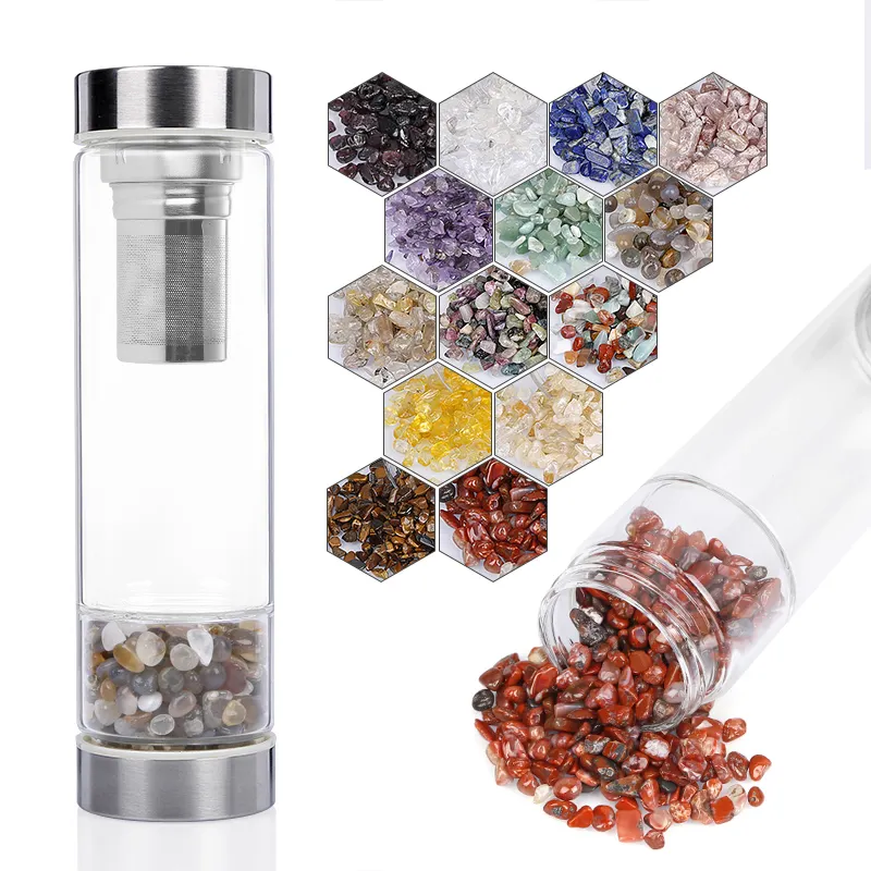 Wholesale nature chip stone glass water bottle with stainless still inner for man and women healthy