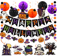 Décorations de fête d'Halloween : Guirlande de lettres suspendues, guirlande de spirales en aluminium, guirlande de points circulaires, éventails en papier, boules en nid d'abeille, ballons imprimés