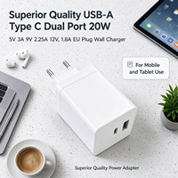 Pengisi Daya Dinding USB-A Tipe C Dual Port 20W 5V 3A 9V 2.25A 12V 1.8A Colokan EU untuk Tablet dan Ponsel Pengisi Daya Ponsel Pengiriman Cepat