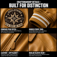 Blouson Bomber Varsity Personnalisé en Cuir PU Moutarde avec Patch Étoile Boussole et Bordure Côtelée Rayée Raglan pour Fabricants OEM ODM de Marques