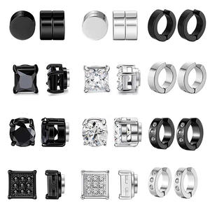<b>Magnetic</b> Clip-On <b>Earrings</b> <b>For</b> <b>Men</b> Black Silver Square Round Zircon Geometric Titanium Steel Minimalist Trendy Fashion Jewelry - Product Image 5