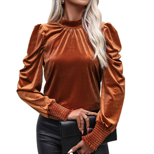 Autunno donna abbigliamento donna trendy maniche a sbuffo camicette di velluto casual per donne top 2024 <span class=keywords><strong>arancione</strong></span> bruciato - Product Image 4