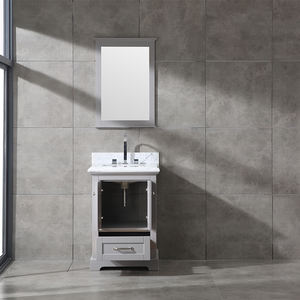 Vietnam Made 24 Inch Transitional Single Sink Bathroom Vanity White Cabinet <b>with</b> Carrara Marble Countertop & <b>Mirror</b> - Product Image 2