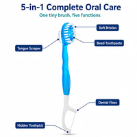 Kit de soins dentaires jetable 5 en 1 pour voyage, brosse à dents en nylon souple, gratte-langue, fil dentaire, dentifrice, étui compact mini