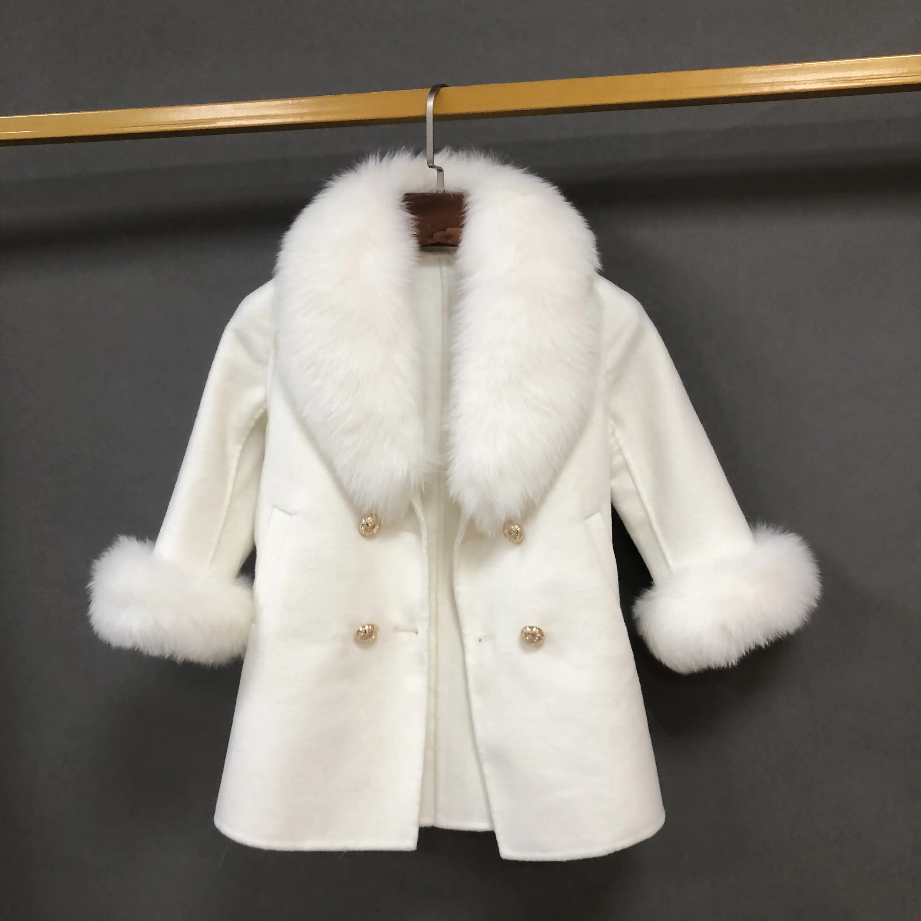 Offre Spéciale hiver enfants Double face manteau en cachemire avec col en fourrure de renard véritable poignets filles laine Trench enfants vêtements