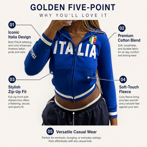 Sweat à capuche bleu personnalisé avec logo, fermeture éclair intégrale, détail drapeau italien, bordure côtelée contrastante, uniformes d'équipe, tissu éponge automne - Product Image 3