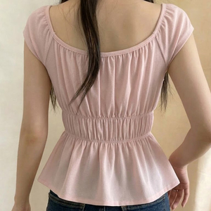 เสื้อยืดแขนสั้นของผู้หญิงลำลองคอวีเข้ารูปเอวรูปตัวยูผ้าเย็บปะสีพื้นน่ารักสำหรับฤดูร้อนเป็นมิตรกับสิ่งแวดล้อม - Product Image 3