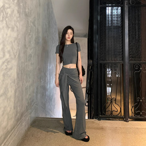 Women's Casual Set Black Solid Color Short Sleeve Crop Top With Flare Pants Knitted Polyester YX-2101 - Product Image 4