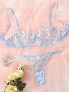 In Stock Hot Sexy Perspective Underwear Flower Embroidery Lingerie Two Sets - Product Image 5