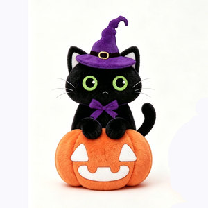 Nouvelle Peluche Personnalisée Chat Noir d'Halloween avec Chapeau de Sorcière OEM ODM, Adorable Peluche Chat Citrouille pour Enfants, Cadeaux de Fêtes - Product Image 4