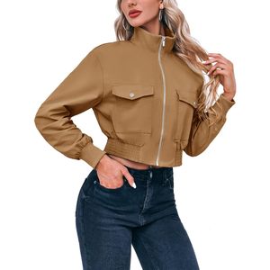 Chaqueta Bomber Corta Personalizada para Mujer, Ligera, con Cierre de Cremallera, Manga Larga, Cuello Alto, Estilo Casual con Bolsillos - Product Image 4