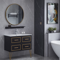 Meuble-lavabo mural intelligent de luxe moderne Euro avec vasque simple, design noir en MDF, miroir et robinet pour chambre à coucher
