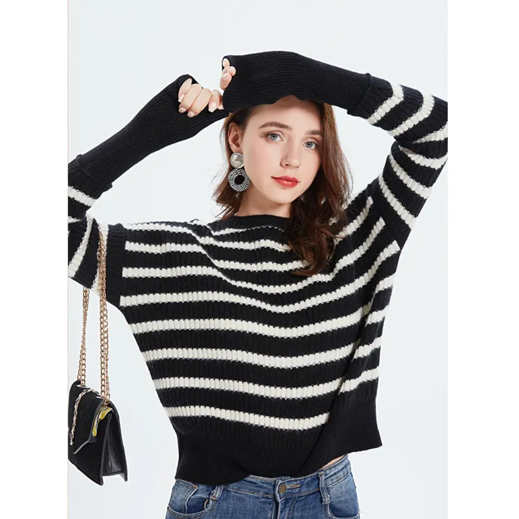 Knit Black and white stripes Women Winter 100% Cashmere Sweater