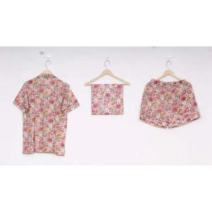 Conjunto de Pijama Corto Informal de Algodón Puro Satinado con Estampado Floral Hecho a Mano, Ropa de Dormir para Mujer, Cintura Elástica, Cuello Camisero, para Otoño - Product Image 3