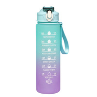 Botella de agua deportiva de plástico de 750 ml (24 oz) con marcador de tiempo y pajita, a prueba de fugas, motivacional para fitness, en stock, logotipo personalizado