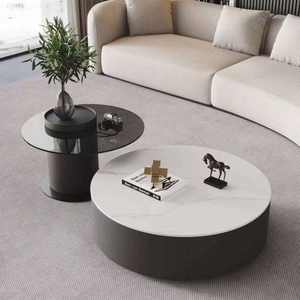 Table d'appoint ronde en bois moderne avec plateau en marbre, ensemble de tables basses pour petits appartements, meubles de salon - Product Image 3