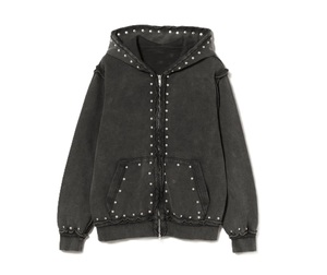 Felpa con Cappuccio <span class=keywords><strong>Nera</strong></span> Vintage da <span class=keywords><strong>Uomo</strong></span> con Borchie e Zip, Oversize, Stile Streetwear - Product Image 1