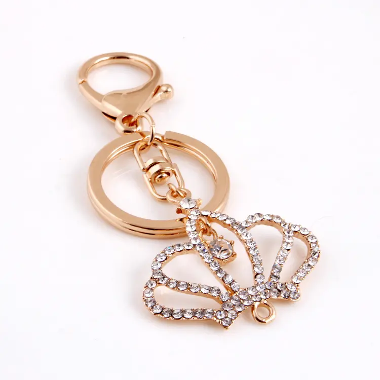 Fashion Creative zinc Alloy Sparkly shiny Crystal rhinestones Gifts Exquisite Luxury gold color crown design Key Ring chain