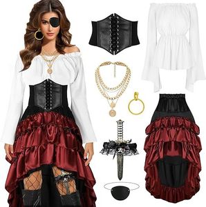 <span class=keywords><strong>Costume</strong></span> <span class=keywords><strong>da</strong></span> <span class=keywords><strong>Pirata</strong></span> Deluxe <span class=keywords><strong>per</strong></span> Donna, Abito <span class=keywords><strong>da</strong></span> Bucaniere Rinascimentale con Gonna Asimmetrica, Corsetto, Camicetta e <span class=keywords><strong>Accessori</strong></span> <span class=keywords><strong>per</strong></span> Halloween - Product Image 1