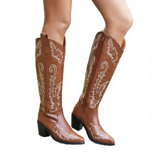 Bottes de cowboy montantes pour femme, en cuir microfibre, à talon épais, à enfiler, pointues, mode hiver, vente en gros directe usine - Product Image 1