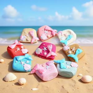 Borsa in Paglia Intrecciata Stile Conchiglia e Stella Marina 12x14cm Accessorio da Spiaggia per Bambini - Product Image 2