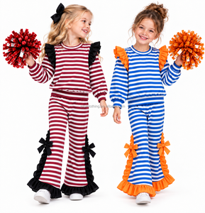 Conjunto de sudadera de 2 piezas para niños, jersey con volantes a rayas azules y pantalones acampanados con lazo naranja, trajes para niñas, primavera - Product Image 4
