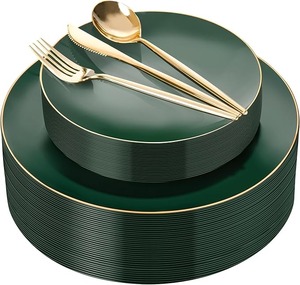 Services de vaisselle jetables en plastique <span class=keywords><strong>vert</strong></span> avec bord doré, assiettes peintes à la <span class=keywords><strong>main</strong></span> anti-fuite pour mariages et fêtes - Product Image 1